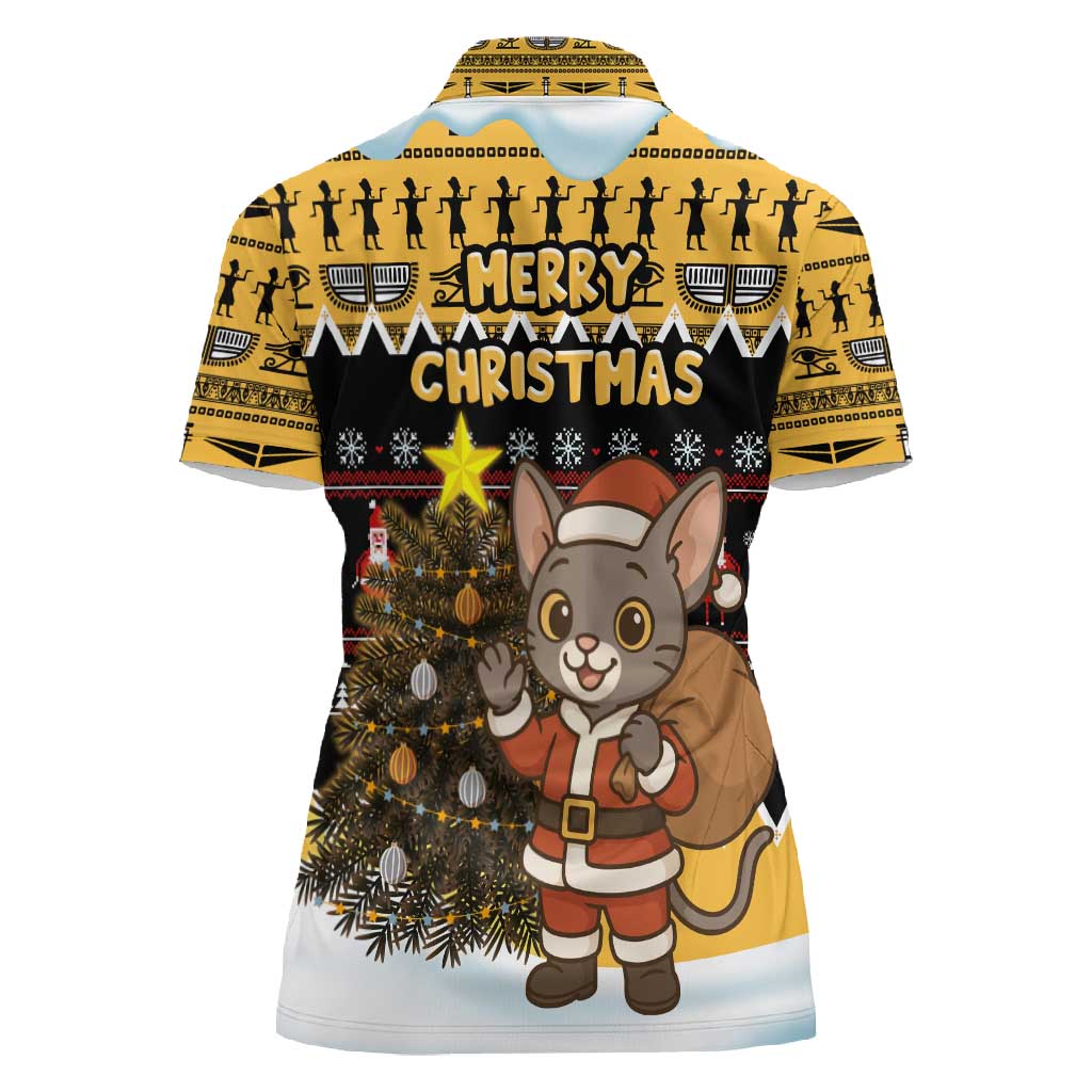 Egypt Christmas Women Polo Shirt Santa Cat Sleigh Reindeer Christmas Tree and Ancient Hieroglyphic - African Pride