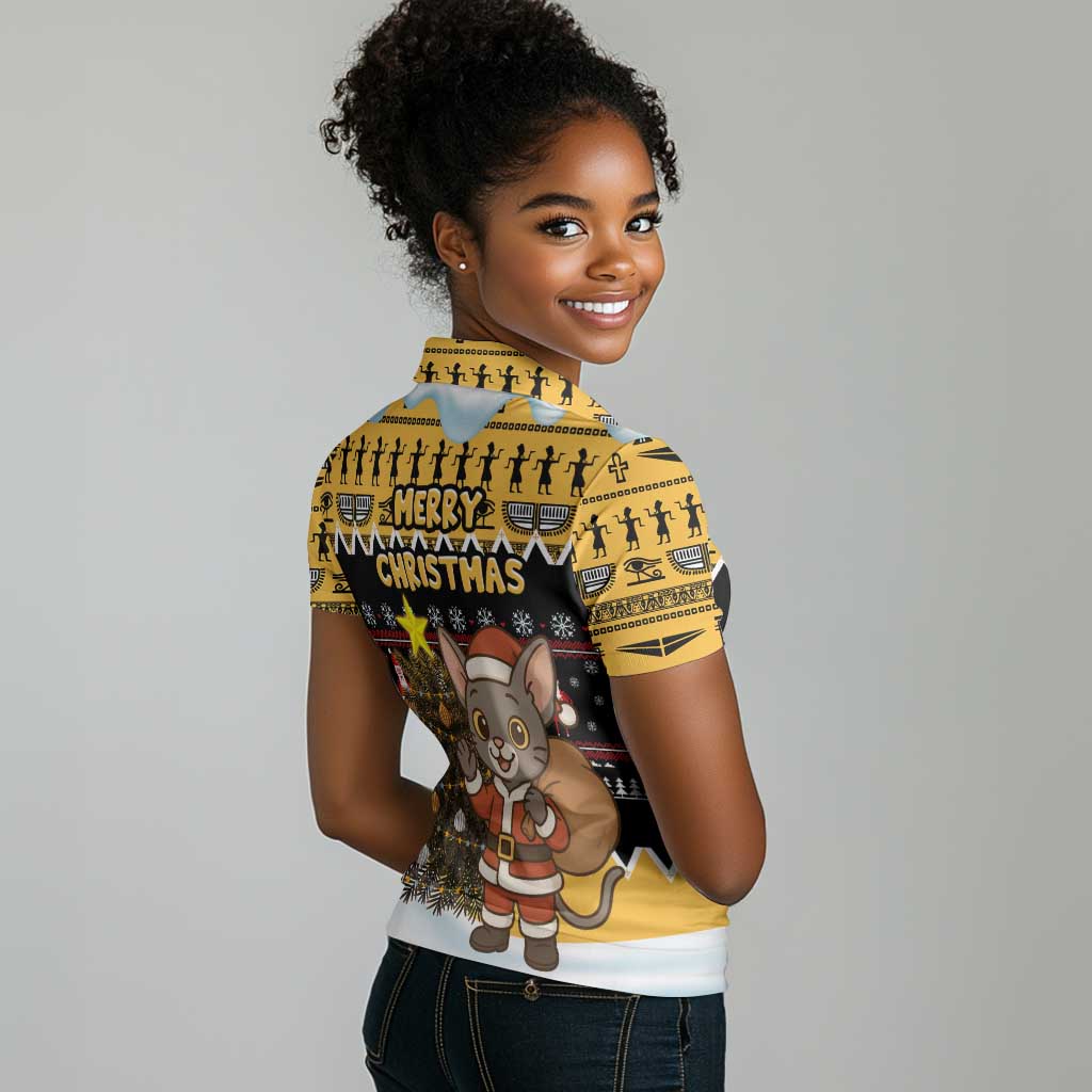Egypt Christmas Women Polo Shirt Santa Cat Sleigh Reindeer Christmas Tree and Ancient Hieroglyphic - African Pride