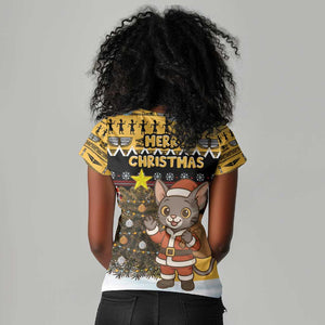 Egypt Christmas Women V-Neck T-Shirt Santa Cat Sleigh Reindeer Christmas Tree and Ancient Hieroglyphic - African Pride