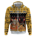 Egypt Christmas Zip Hoodie Santa Cat Sleigh Reindeer Christmas Tree and Ancient Hieroglyphic - African Pride