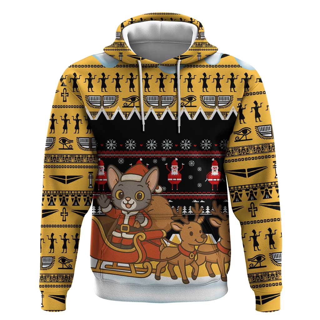 Egypt Christmas Zip Hoodie Santa Cat Sleigh Reindeer Christmas Tree and Ancient Hieroglyphic - African Pride