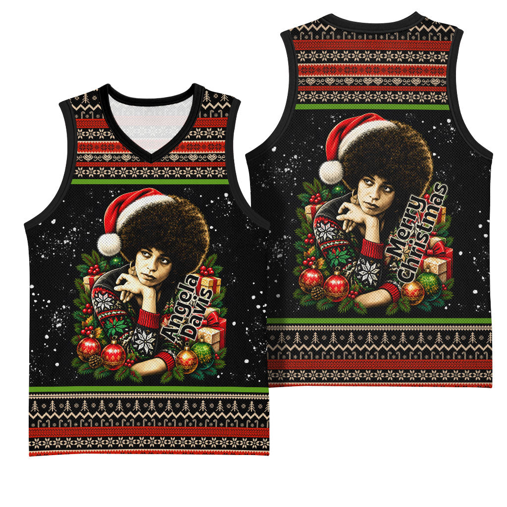 Angela Davis Merry Christmas Basketball Jersey Ugly Christmas Pattern Civil Rights Black History