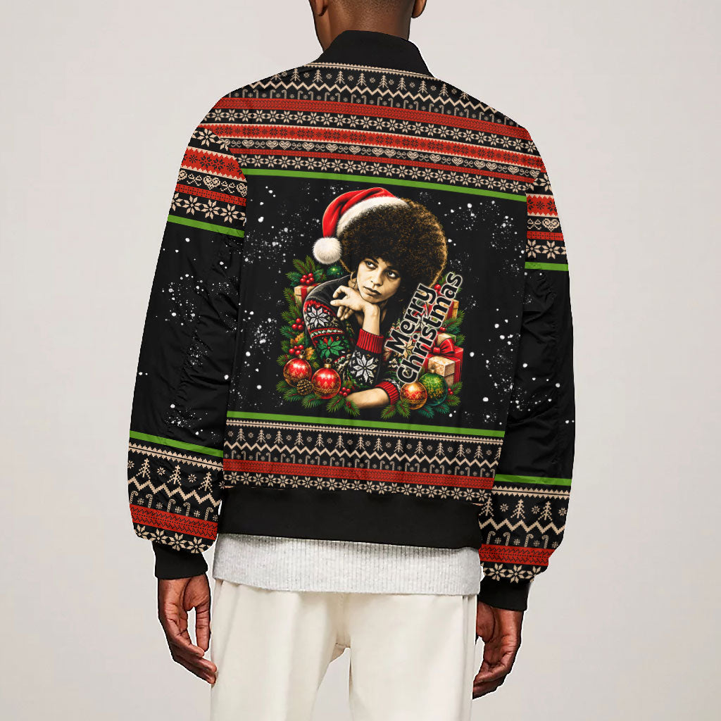 Angela Davis Merry Christmas Bomber Jacket Ugly Christmas Pattern Civil Rights Black History