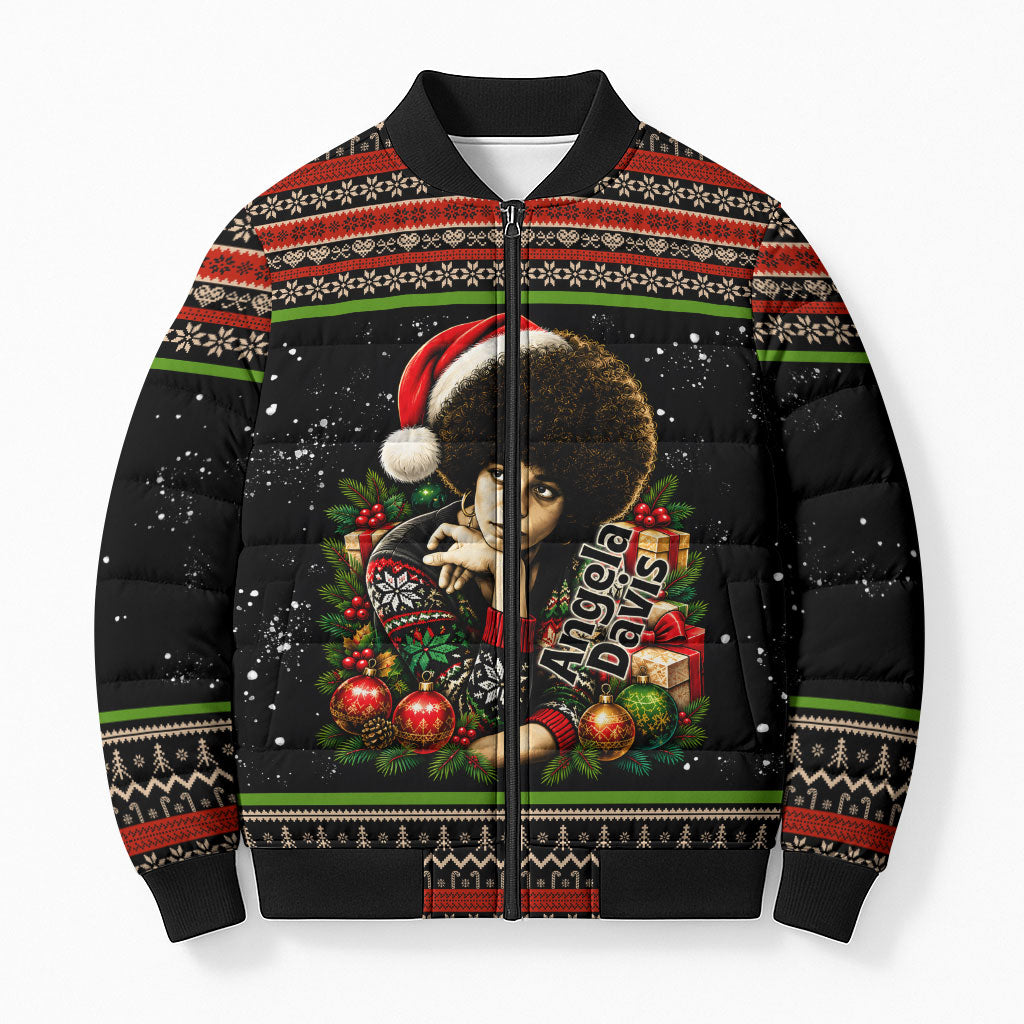 Angela Davis Merry Christmas Bomber Puffer Jacket Ugly Christmas Pattern Civil Rights Black History