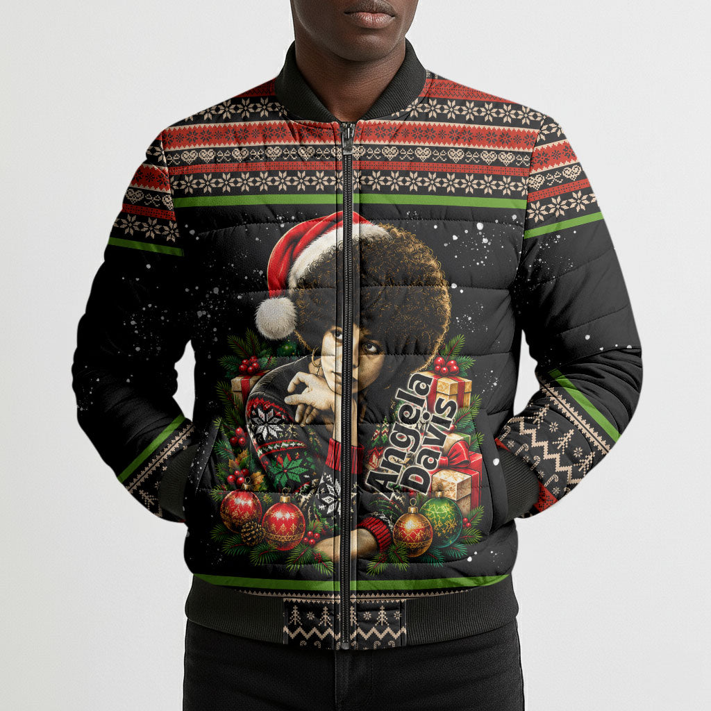 Angela Davis Merry Christmas Bomber Puffer Jacket Ugly Christmas Pattern Civil Rights Black History