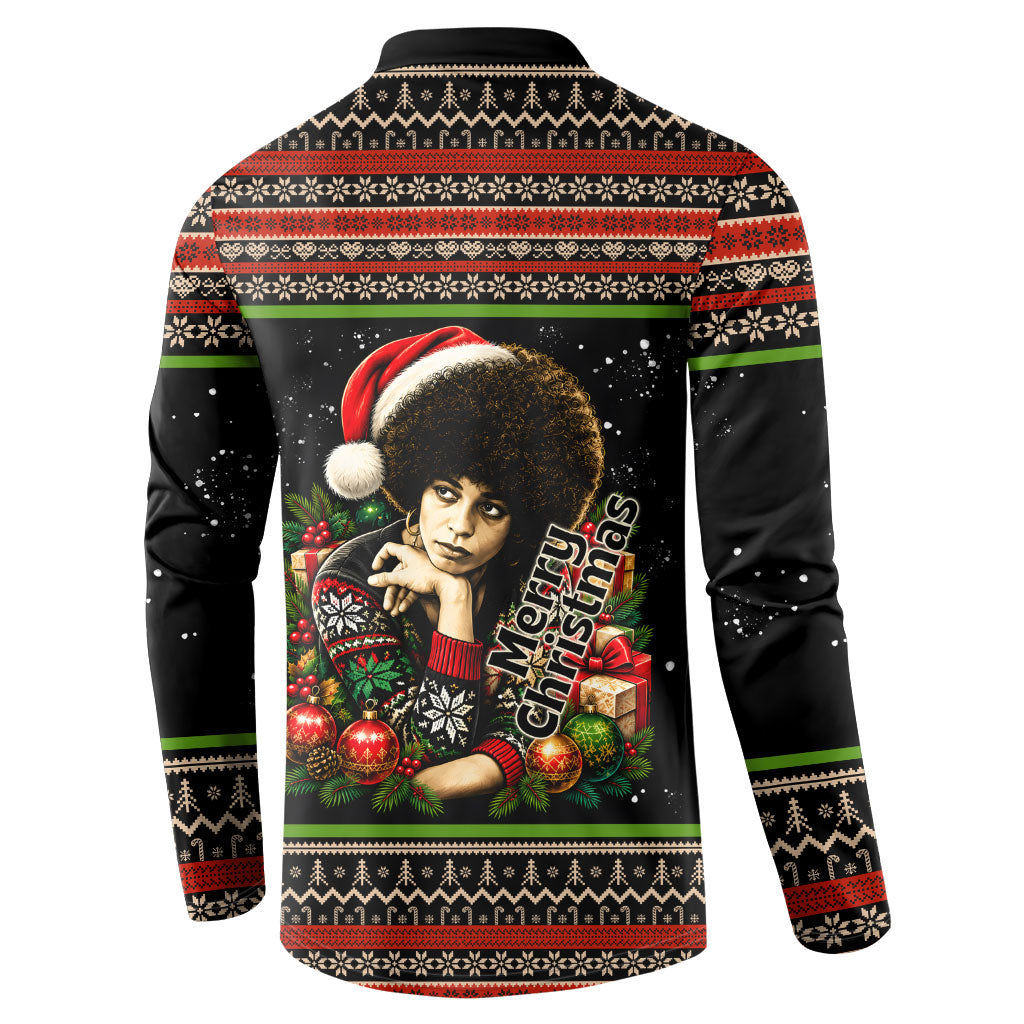 Angela Davis Merry Christmas Button Sweatshirt Ugly Christmas Pattern Civil Rights Black History