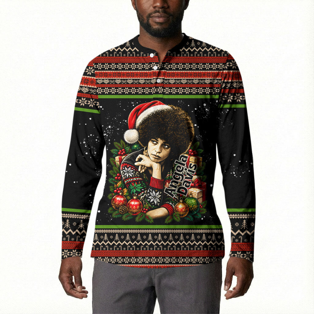 Angela Davis Merry Christmas Button Sweatshirt Ugly Christmas Pattern Civil Rights Black History