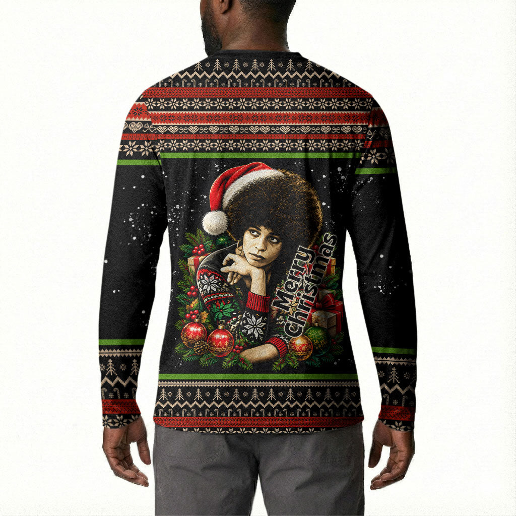 Angela Davis Merry Christmas Button Sweatshirt Ugly Christmas Pattern Civil Rights Black History