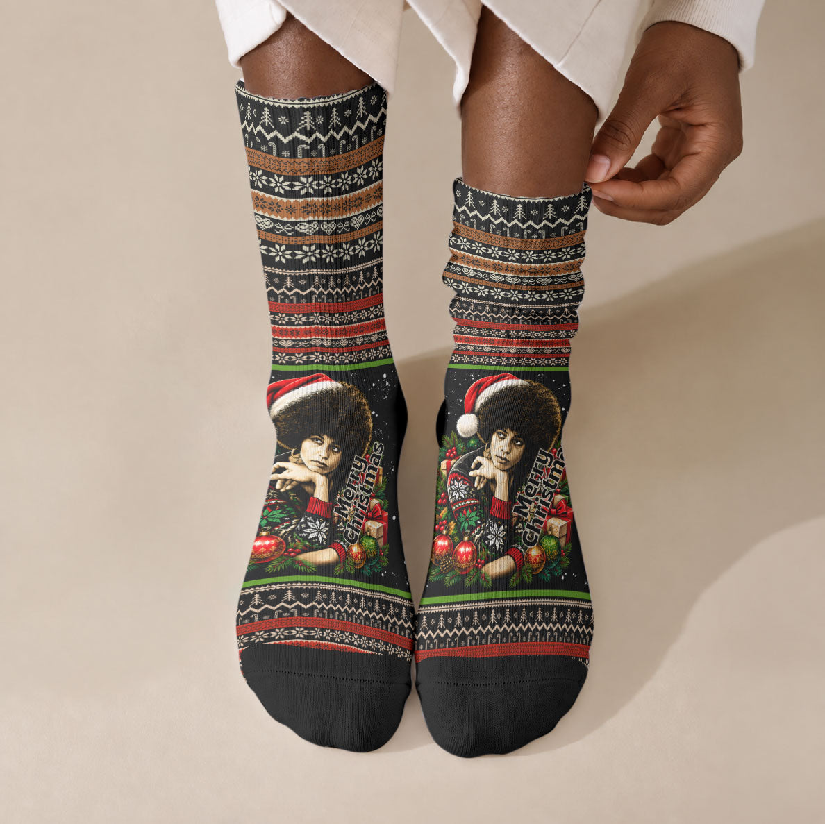 Angela Davis Merry Christmas Crew Socks Ugly Christmas Pattern Civil Rights Black History