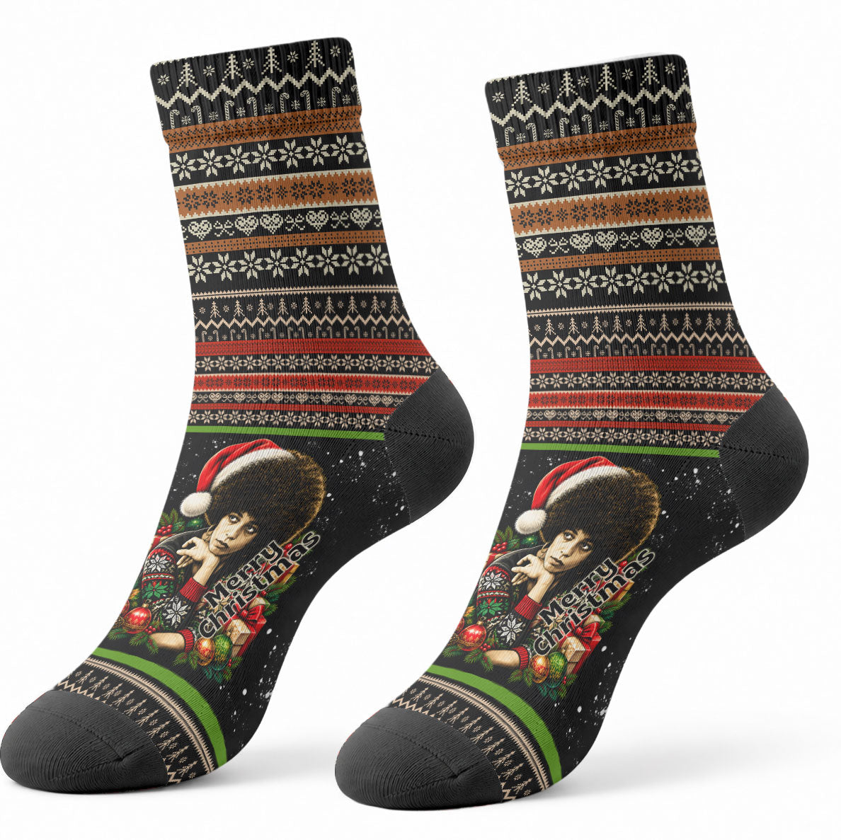 Angela Davis Merry Christmas Crew Socks Ugly Christmas Pattern Civil Rights Black History
