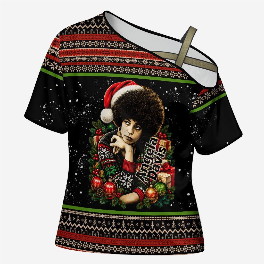 Angela Davis Merry Christmas Cross Shoulder Shirt Ugly Christmas Pattern Civil Rights Black History