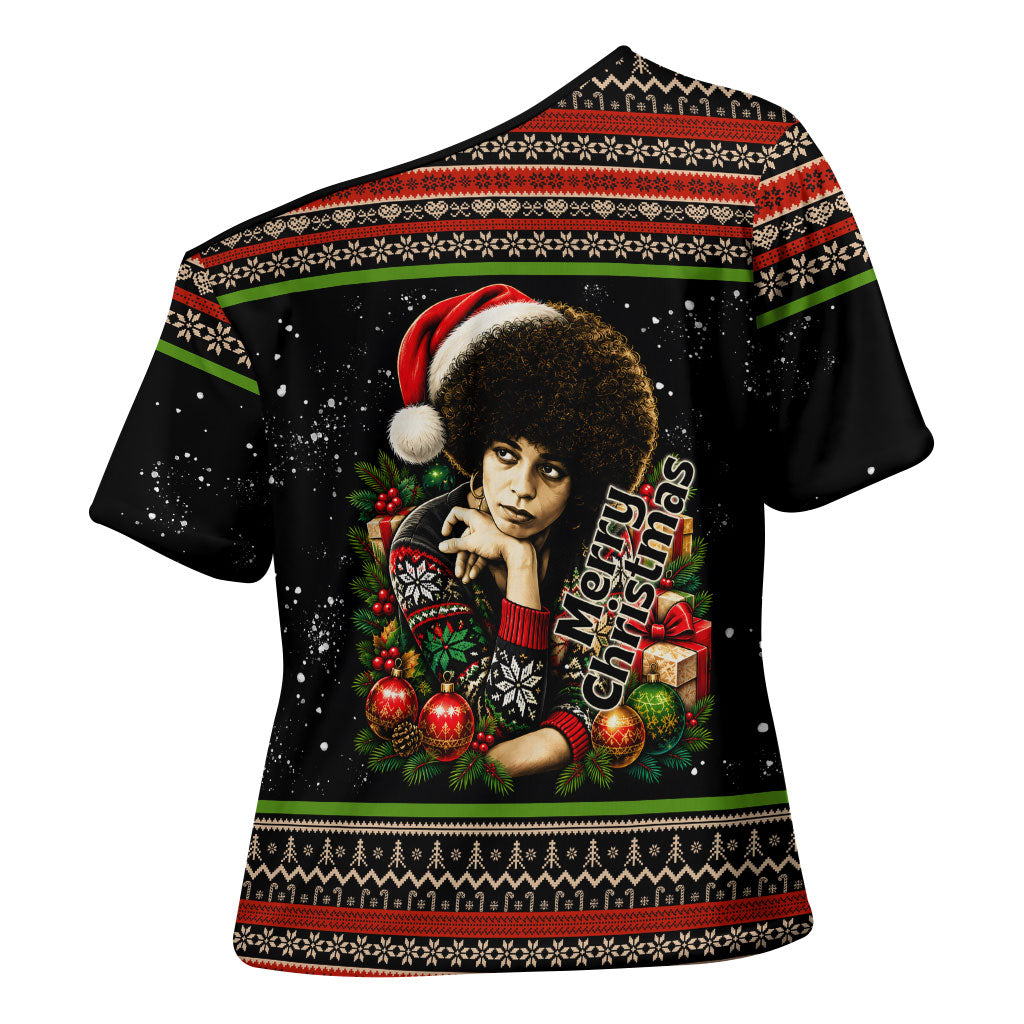 Angela Davis Merry Christmas Cross Shoulder Shirt Ugly Christmas Pattern Civil Rights Black History
