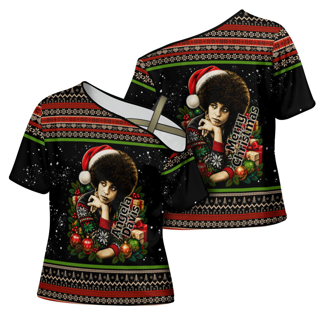 Angela Davis Merry Christmas Cross Shoulder Shirt Ugly Christmas Pattern Civil Rights Black History