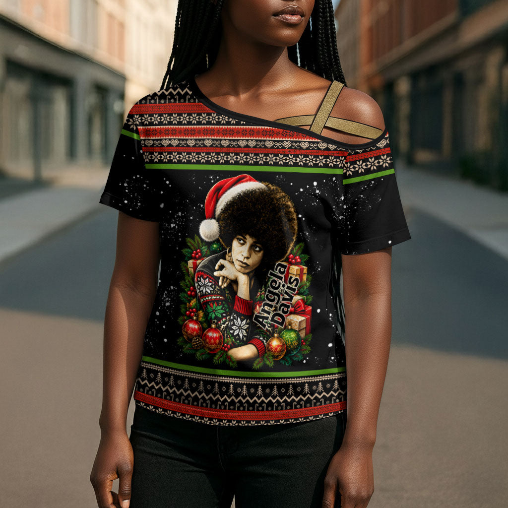 Angela Davis Merry Christmas Cross Shoulder Shirt Ugly Christmas Pattern Civil Rights Black History