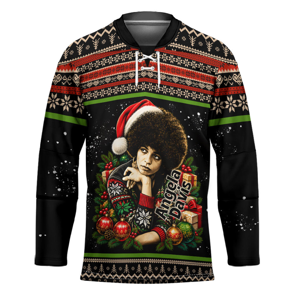 Angela Davis Merry Christmas Hockey Jersey Ugly Christmas Pattern Civil Rights Black History