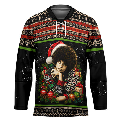 Angela Davis Merry Christmas Hockey Jersey Ugly Christmas Pattern Civil Rights Black History