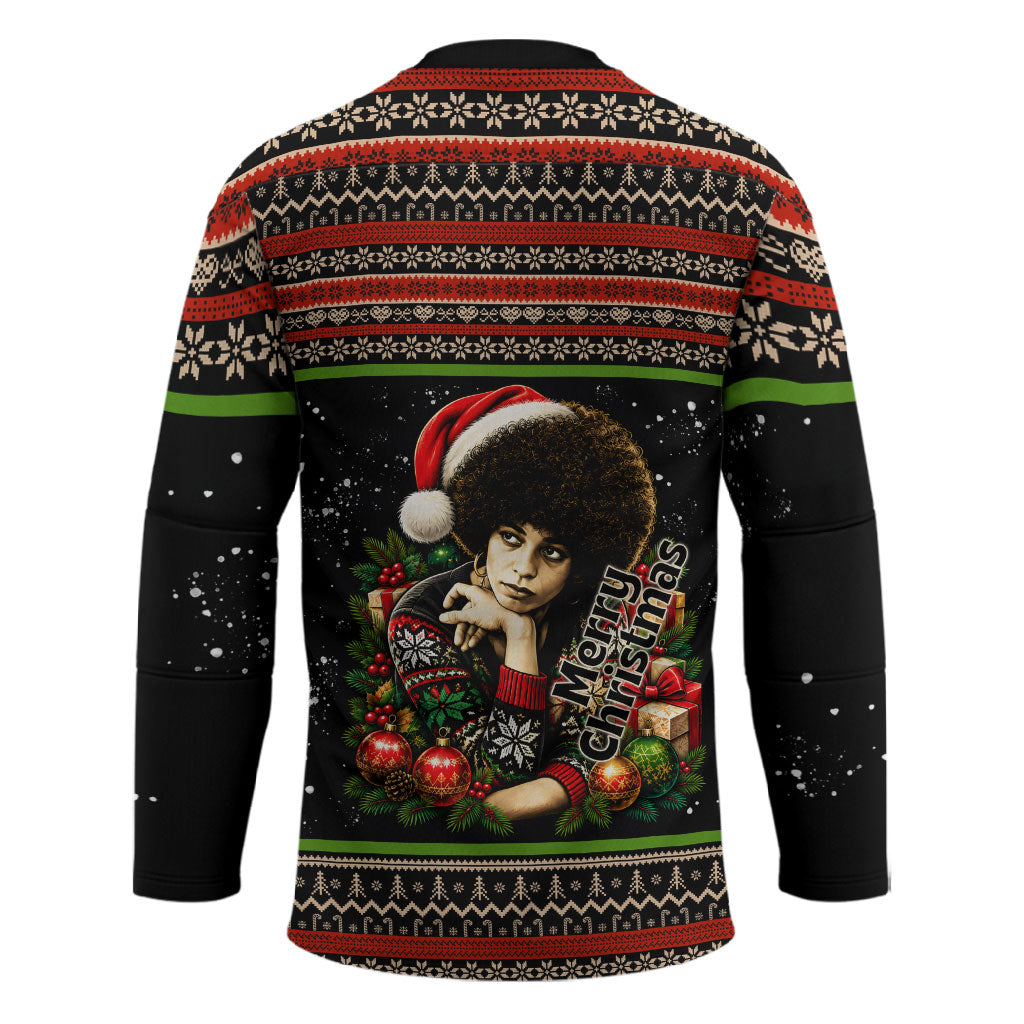 Angela Davis Merry Christmas Hockey Jersey Ugly Christmas Pattern Civil Rights Black History