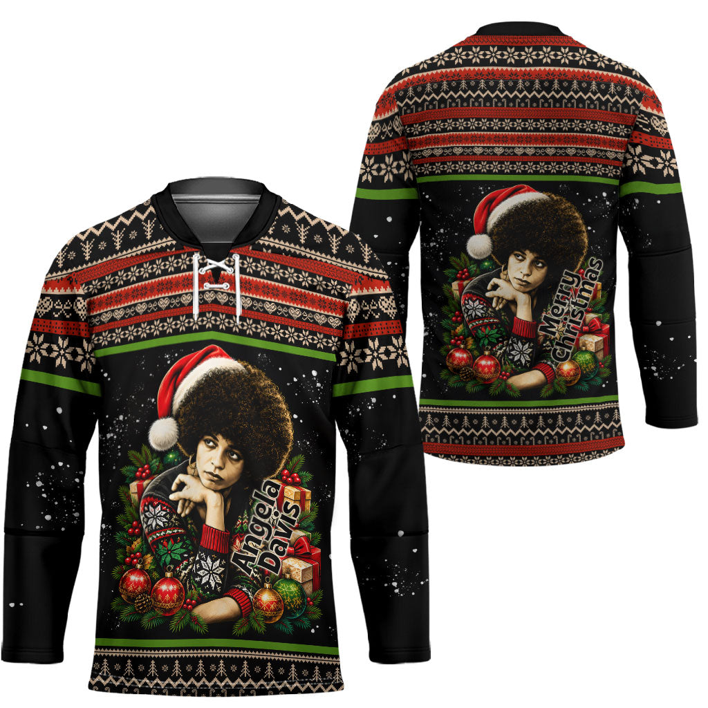 Angela Davis Merry Christmas Hockey Jersey Ugly Christmas Pattern Civil Rights Black History