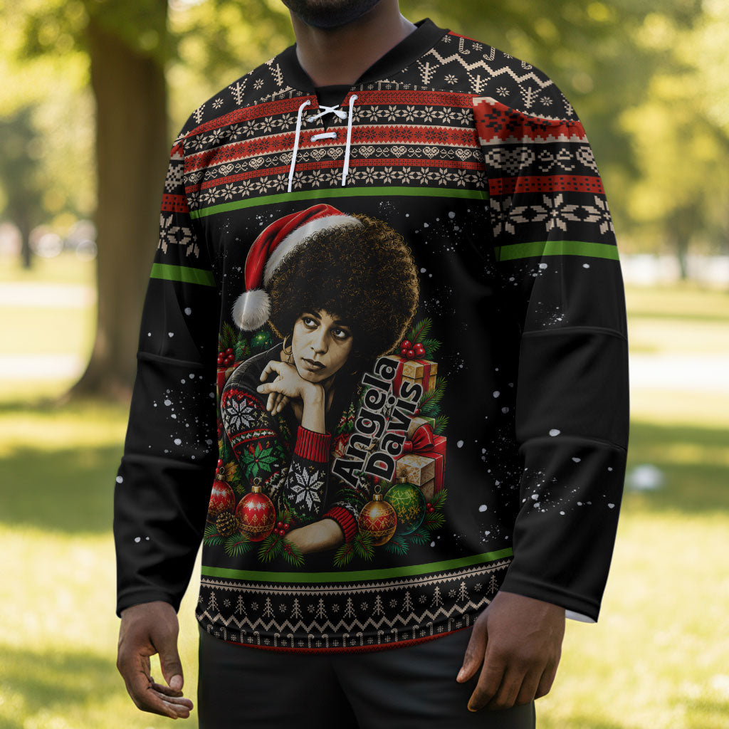 Angela Davis Merry Christmas Hockey Jersey Ugly Christmas Pattern Civil Rights Black History