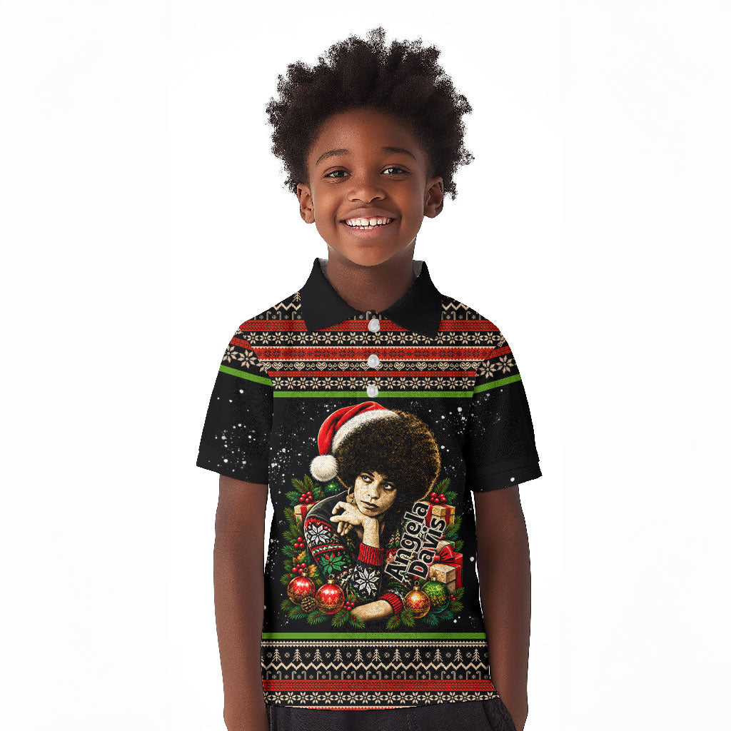 Angela Davis Merry Christmas Kid Polo Shirt Ugly Christmas Pattern Civil Rights Black History