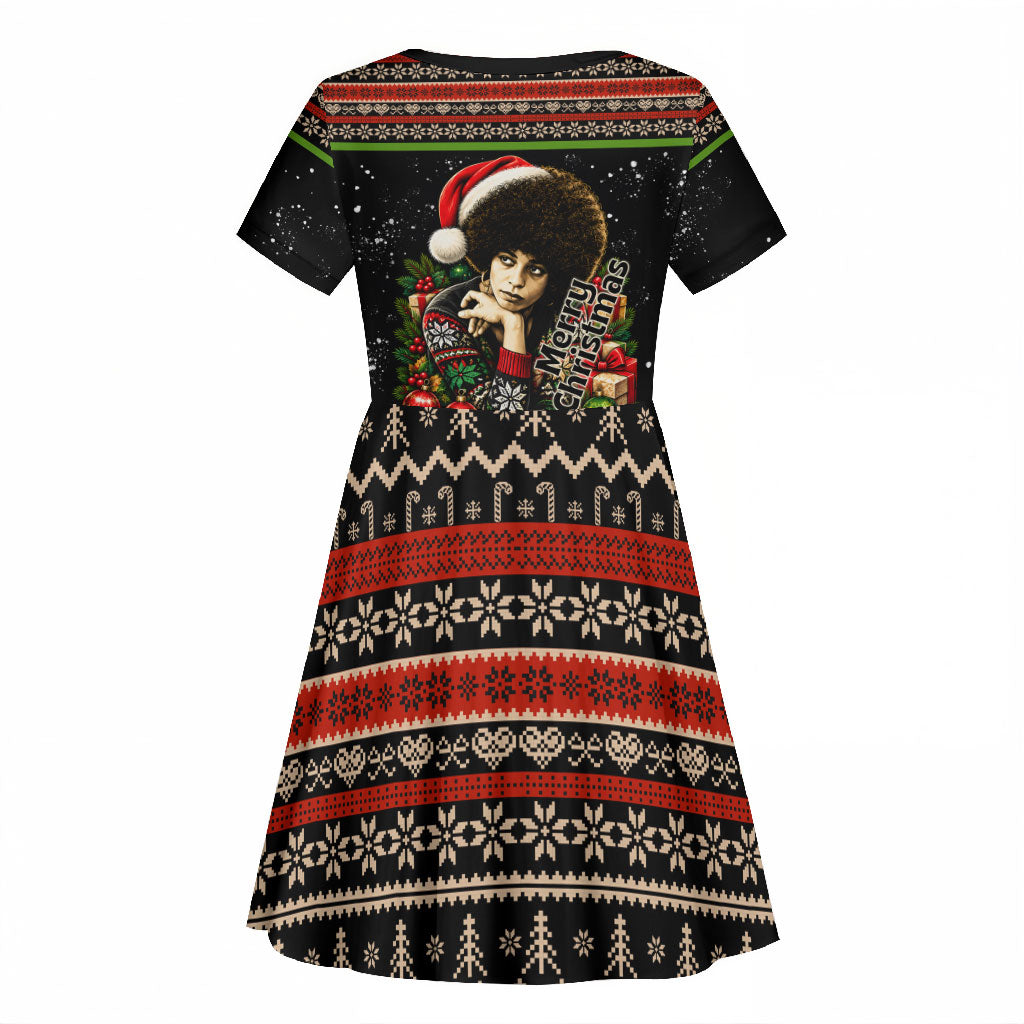 Angela Davis Merry Christmas Kid Short Sleeve Dress Ugly Christmas Pattern Civil Rights Black History