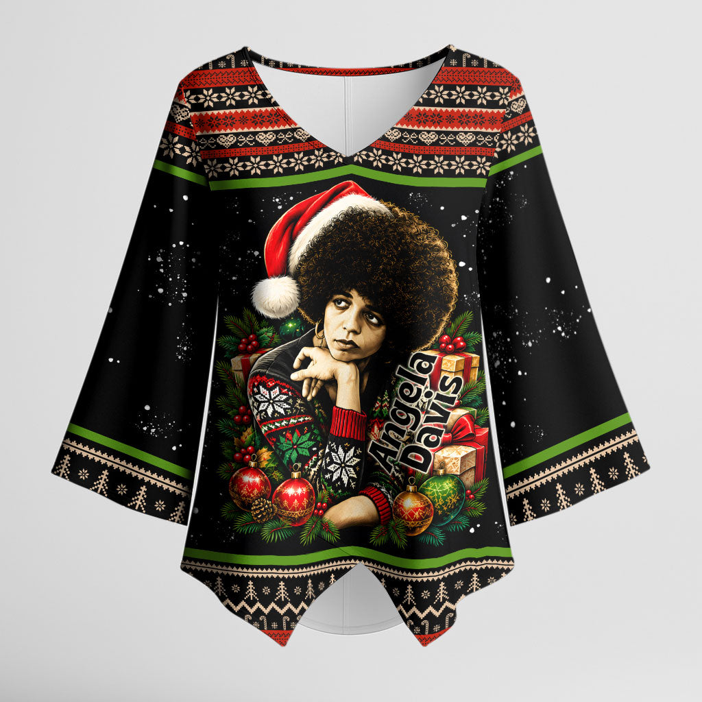 Angela Davis Merry Christmas Kimono Sleeve Blouse Ugly Christmas Pattern Civil Rights Black History