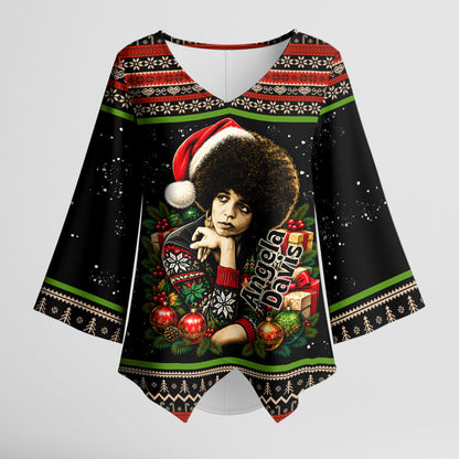 Angela Davis Merry Christmas Kimono Sleeve Blouse Ugly Christmas Pattern Civil Rights Black History