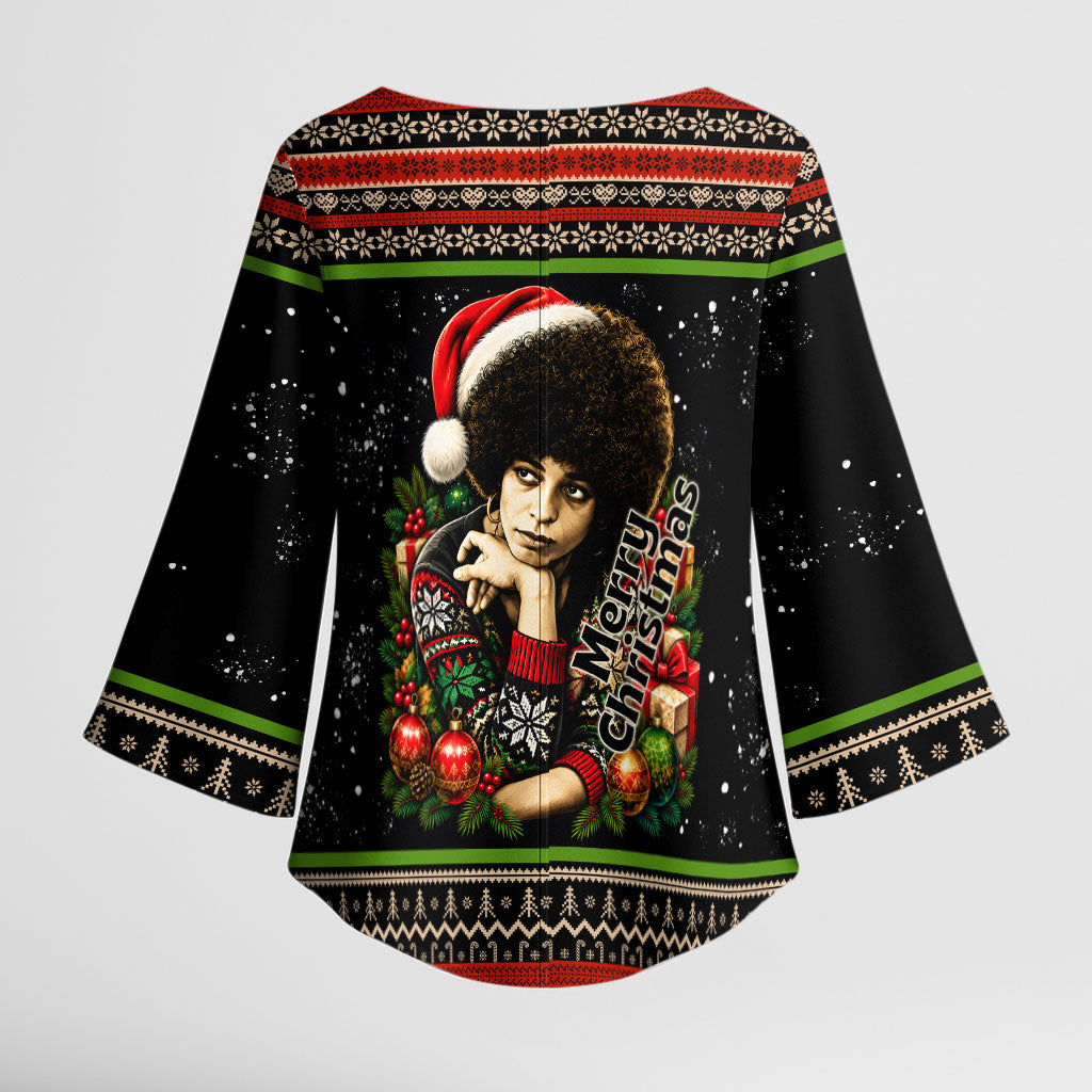 Angela Davis Merry Christmas Kimono Sleeve Blouse Ugly Christmas Pattern Civil Rights Black History