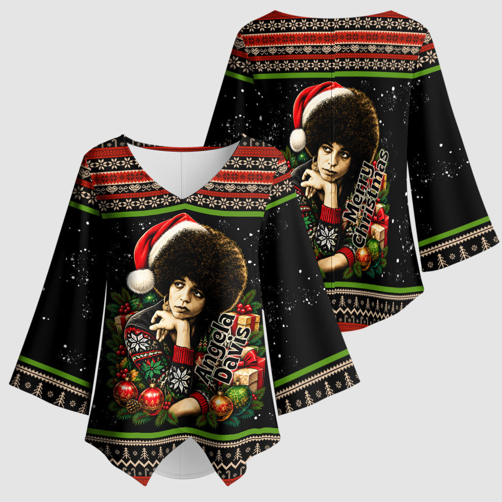 Angela Davis Merry Christmas Kimono Sleeve Blouse Ugly Christmas Pattern Civil Rights Black History