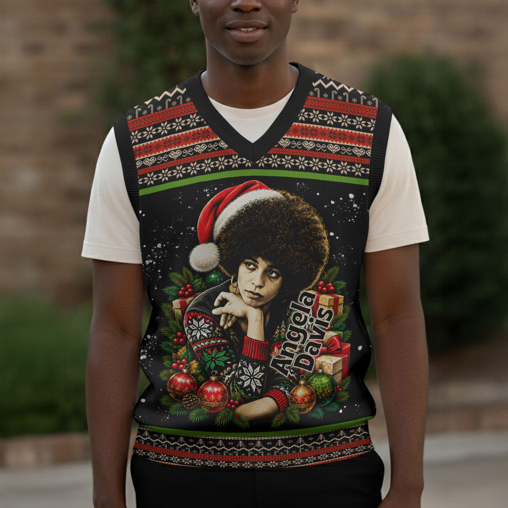 Angela Davis Merry Christmas Knitted V-Neck Vest Ugly Christmas Pattern Civil Rights Black History