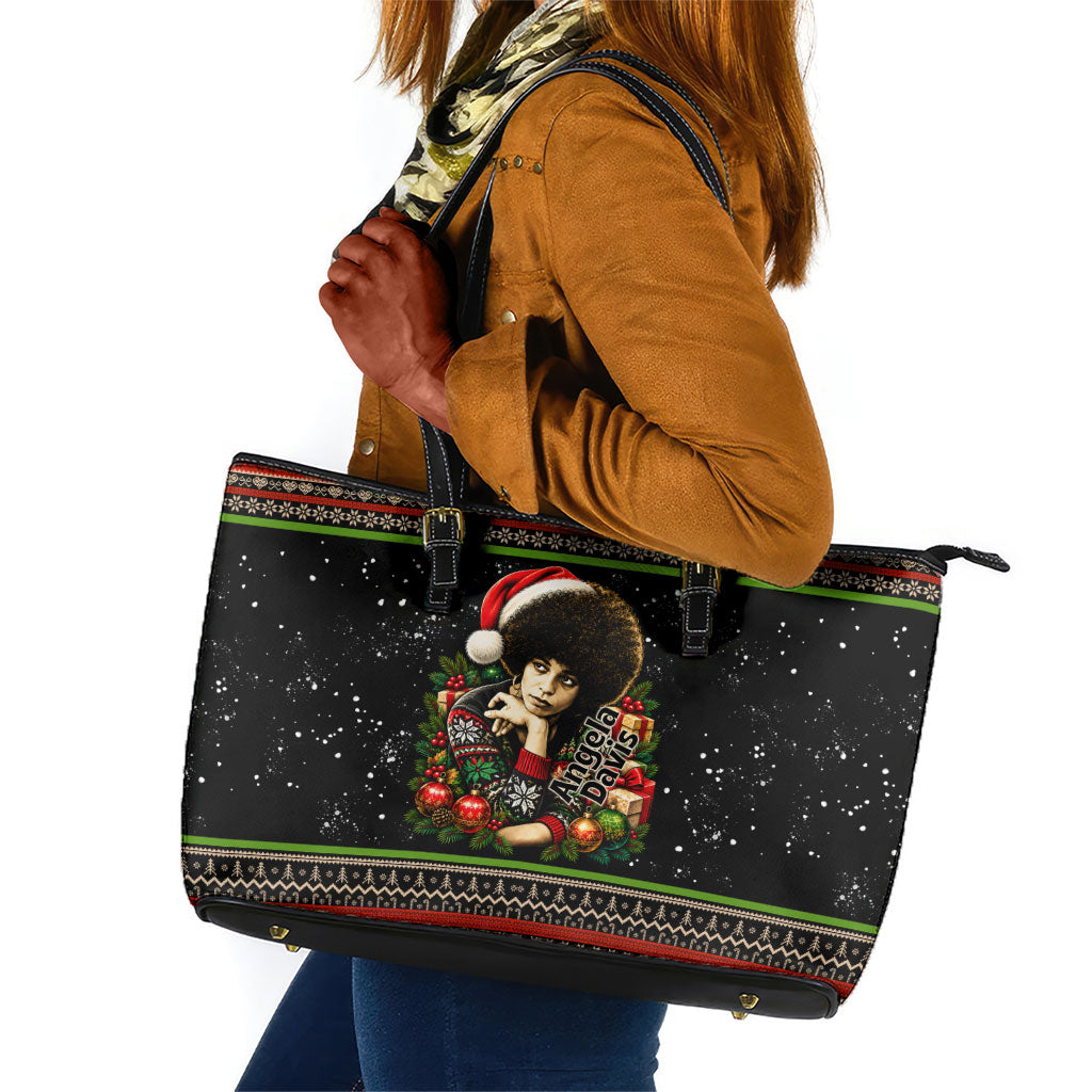 Angela Davis Merry Christmas Leather Tote Bag Ugly Christmas Pattern Civil Rights Black History