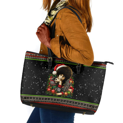 Angela Davis Merry Christmas Leather Tote Bag Ugly Christmas Pattern Civil Rights Black History
