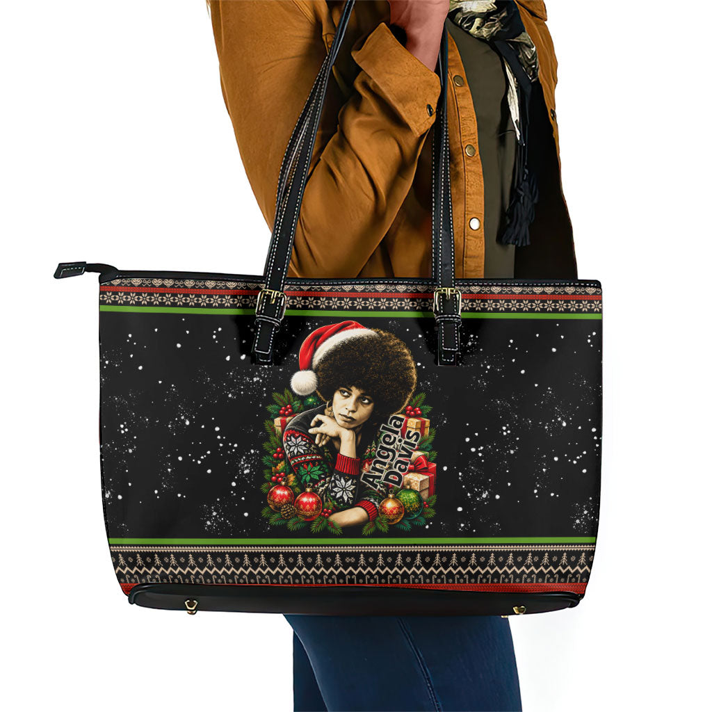 Angela Davis Merry Christmas Leather Tote Bag Ugly Christmas Pattern Civil Rights Black History