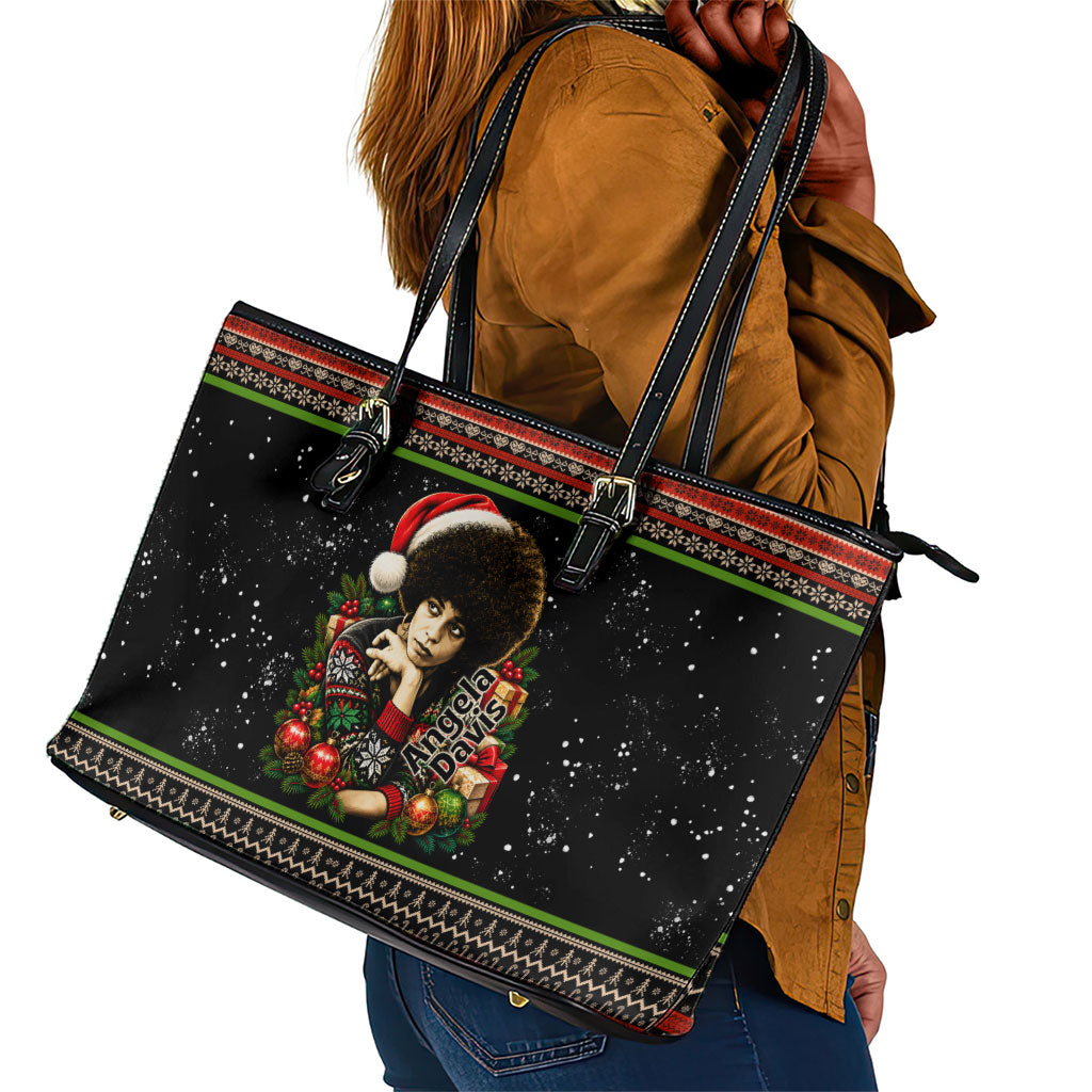 Angela Davis Merry Christmas Leather Tote Bag Ugly Christmas Pattern Civil Rights Black History