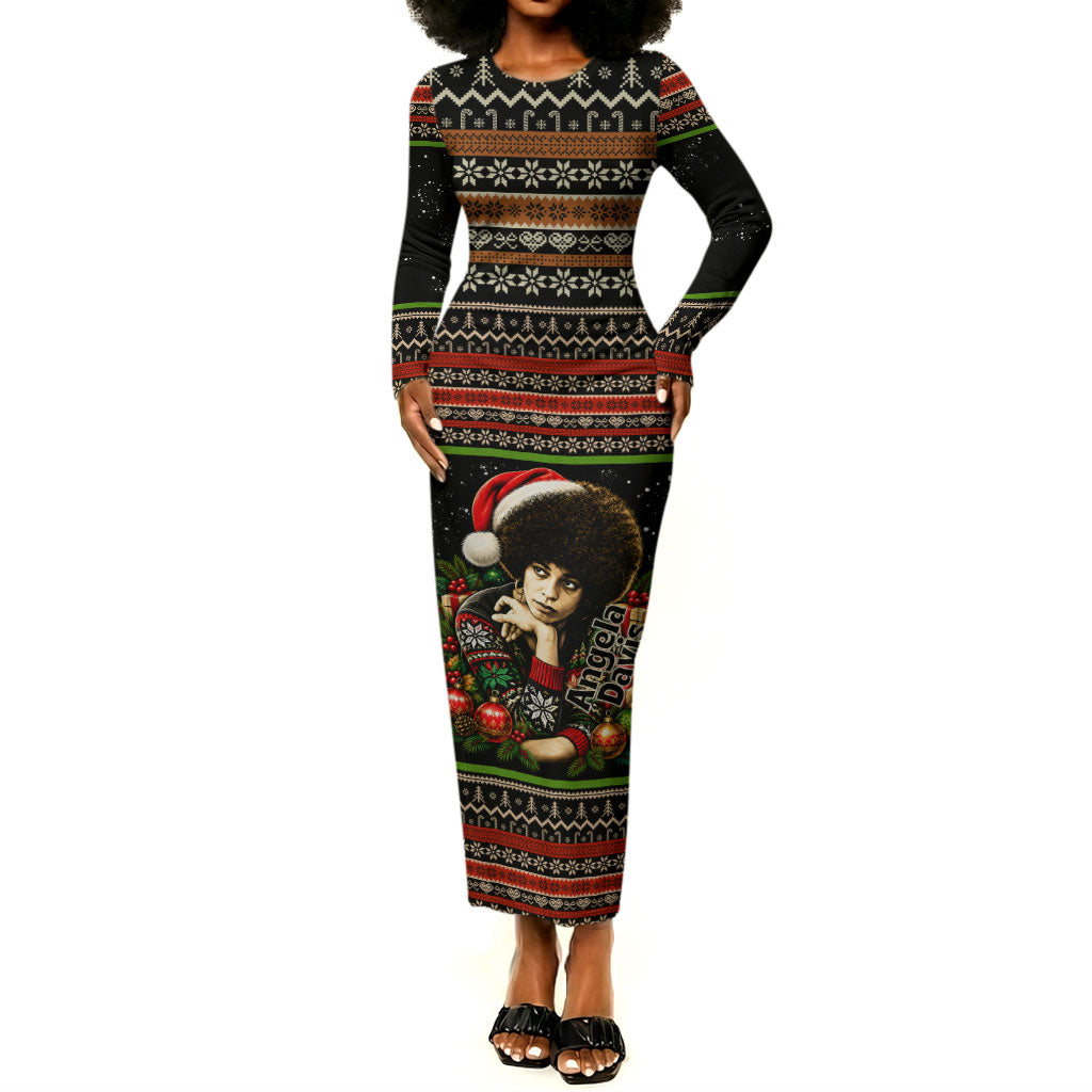 Angela Davis Merry Christmas Long Sleeve Bodycon Dress Ugly Christmas Pattern Civil Rights Black History