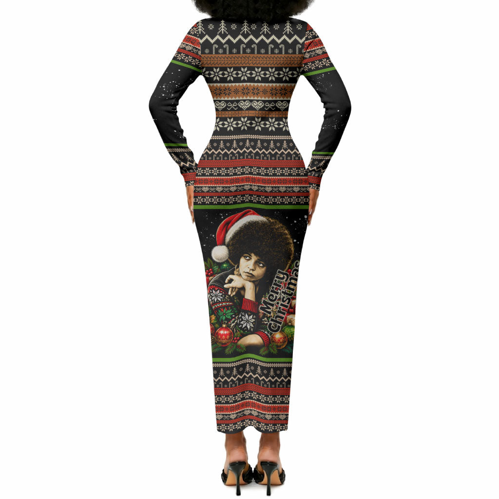 Angela Davis Merry Christmas Long Sleeve Bodycon Dress Ugly Christmas Pattern Civil Rights Black History