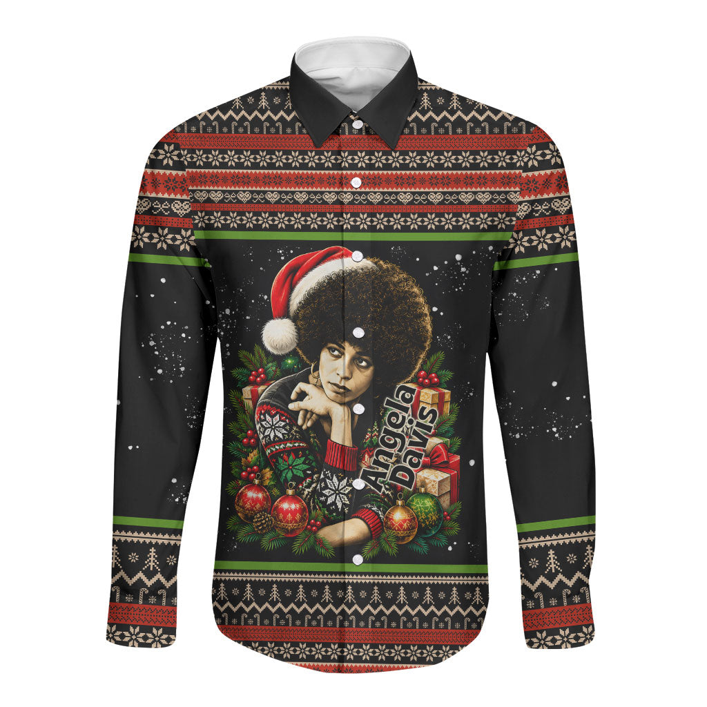 Angela Davis Merry Christmas Long Sleeve Button Shirt Ugly Christmas Pattern Civil Rights Black History