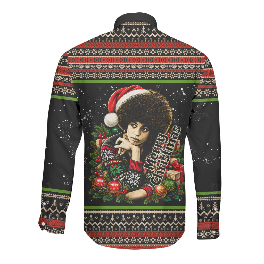 Angela Davis Merry Christmas Long Sleeve Button Shirt Ugly Christmas Pattern Civil Rights Black History