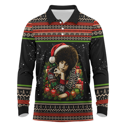 Angela Davis Merry Christmas Long Sleeve Polo Shirt Ugly Christmas Pattern Civil Rights Black History
