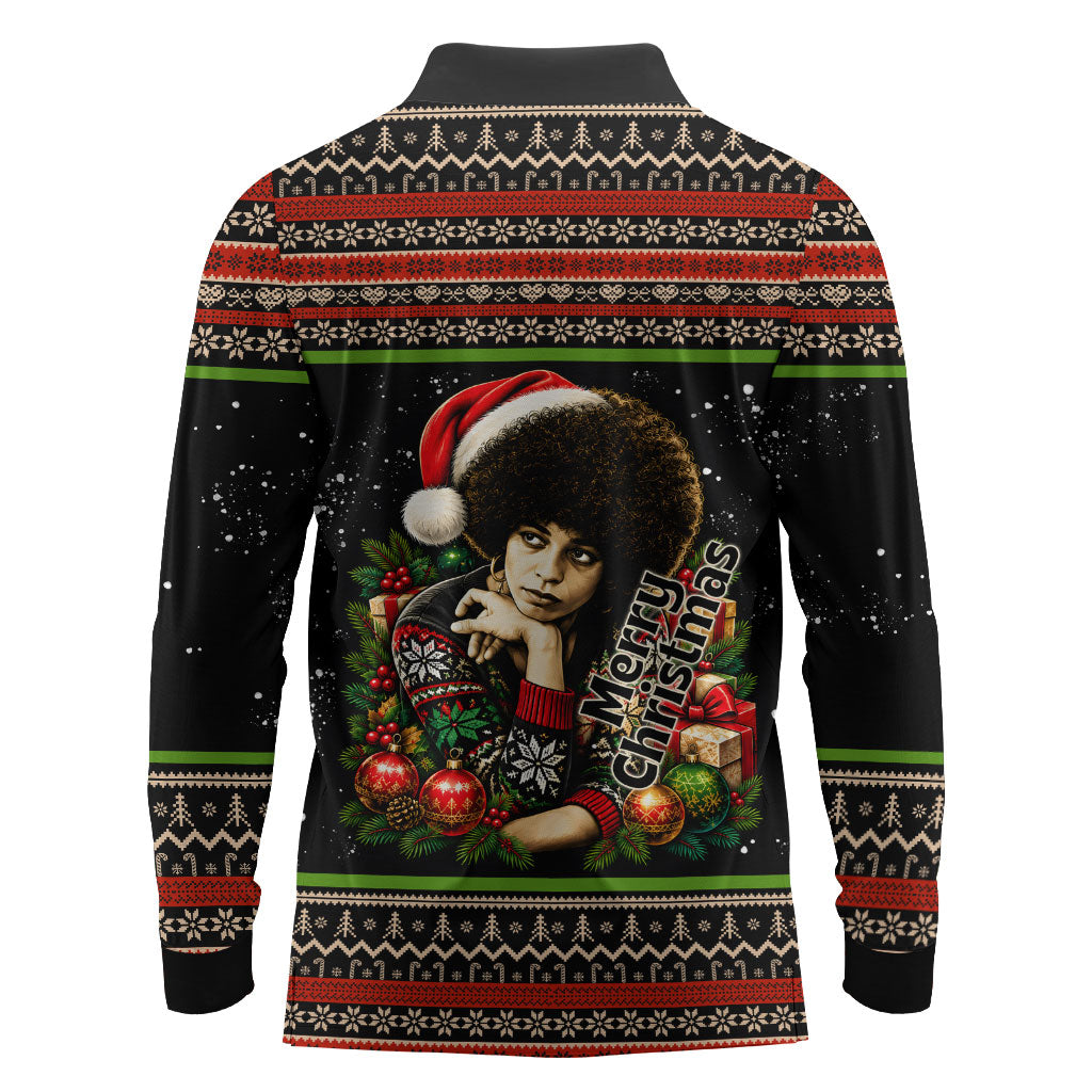 Angela Davis Merry Christmas Long Sleeve Polo Shirt Ugly Christmas Pattern Civil Rights Black History