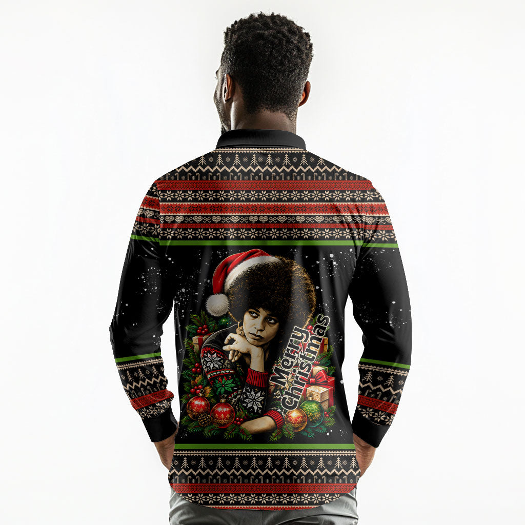 Angela Davis Merry Christmas Long Sleeve Polo Shirt Ugly Christmas Pattern Civil Rights Black History