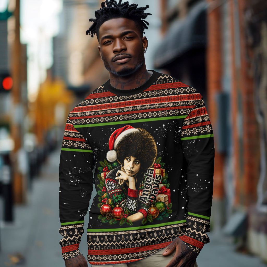 Angela Davis Merry Christmas Long Sleeve Shirt Ugly Christmas Pattern Civil Rights Black History