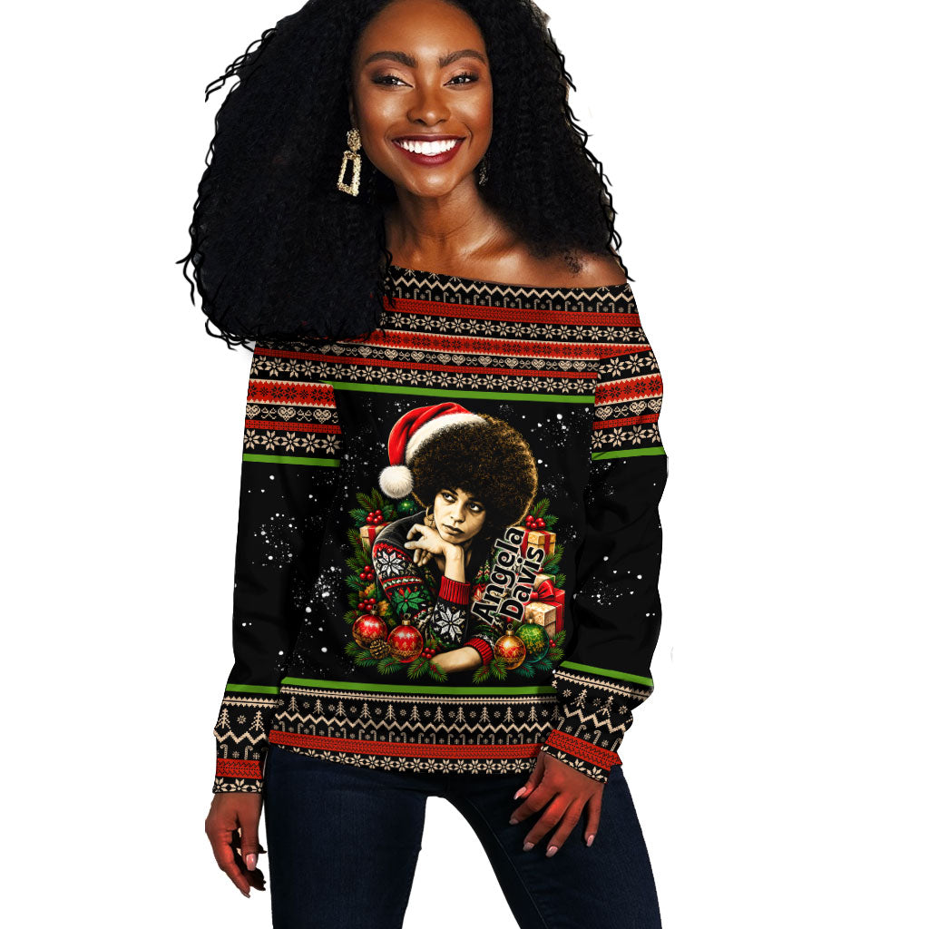 Angela Davis Merry Christmas Off Shoulder Sweater Ugly Christmas Pattern Civil Rights Black History