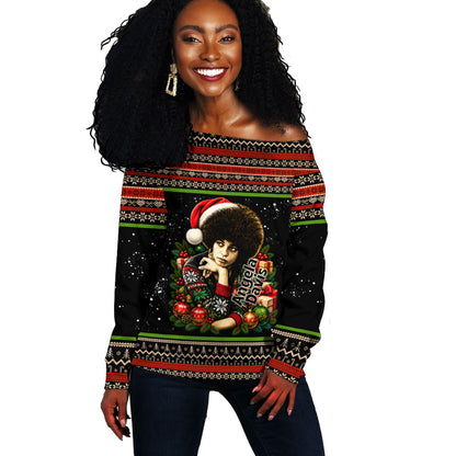Angela Davis Merry Christmas Off Shoulder Sweater Ugly Christmas Pattern Civil Rights Black History