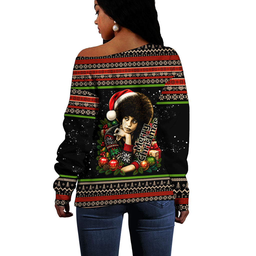 Angela Davis Merry Christmas Off Shoulder Sweater Ugly Christmas Pattern Civil Rights Black History