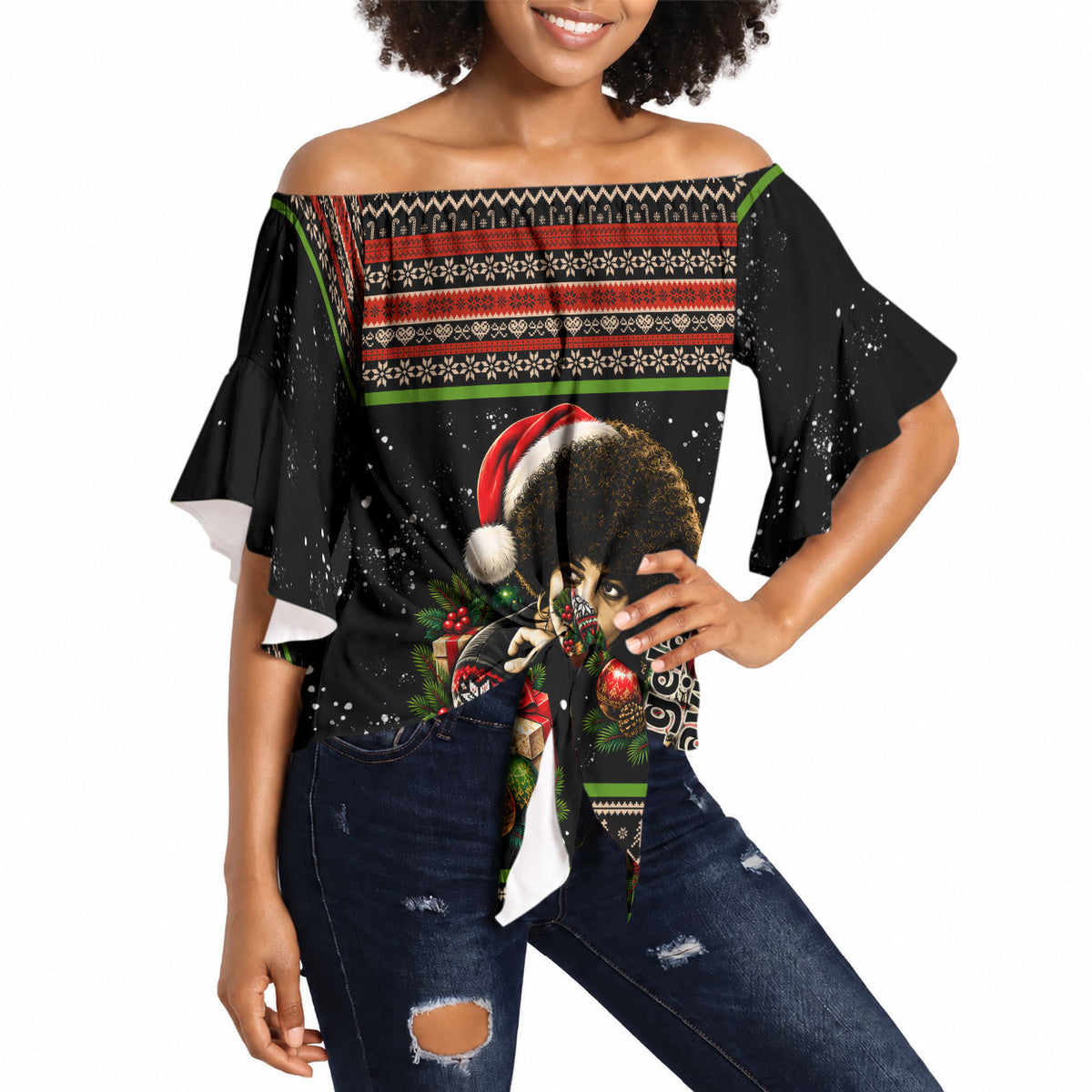 Angela Davis Merry Christmas Off Shoulder Wrap Waist Top Ugly Christmas Pattern Civil Rights Black History