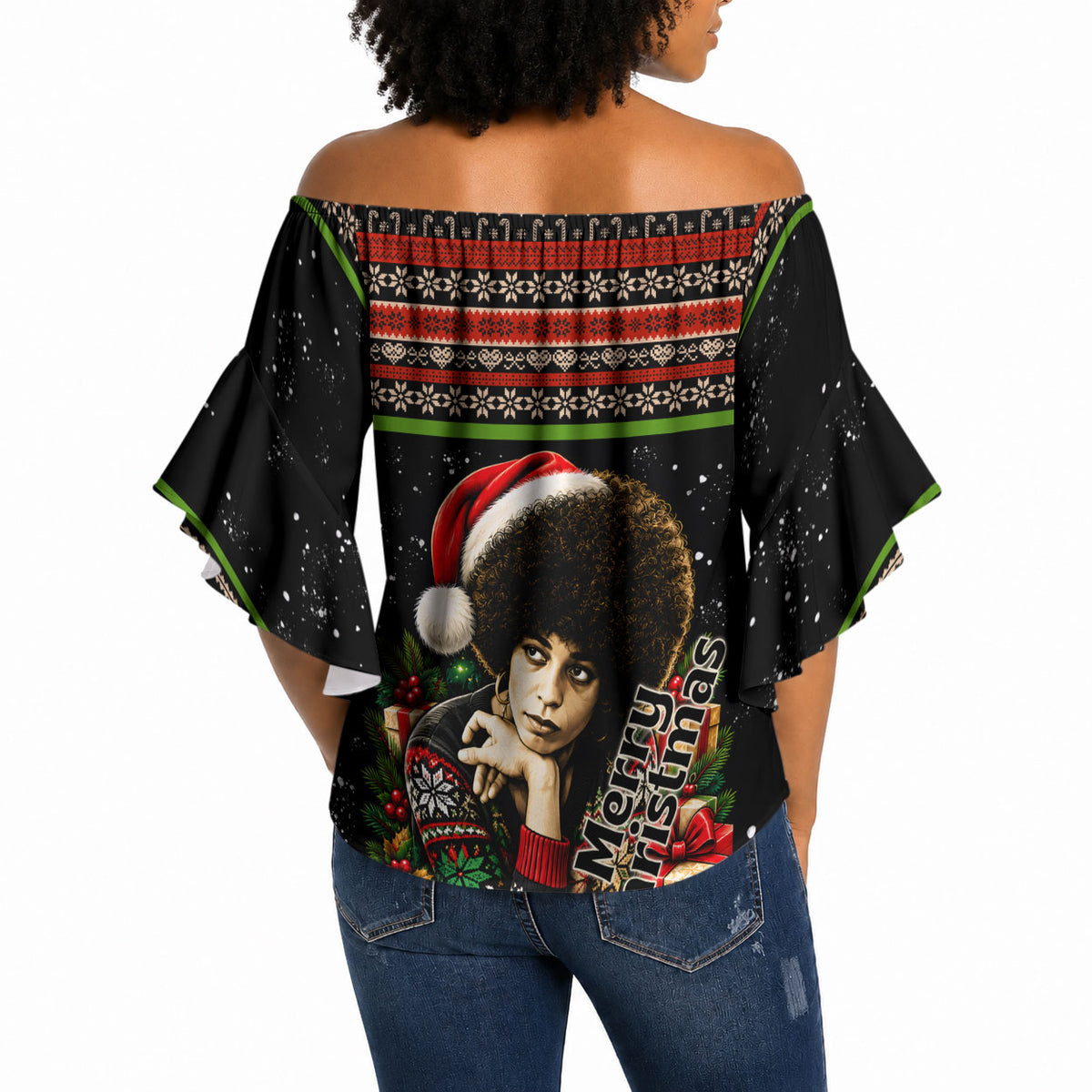 Angela Davis Merry Christmas Off Shoulder Wrap Waist Top Ugly Christmas Pattern Civil Rights Black History