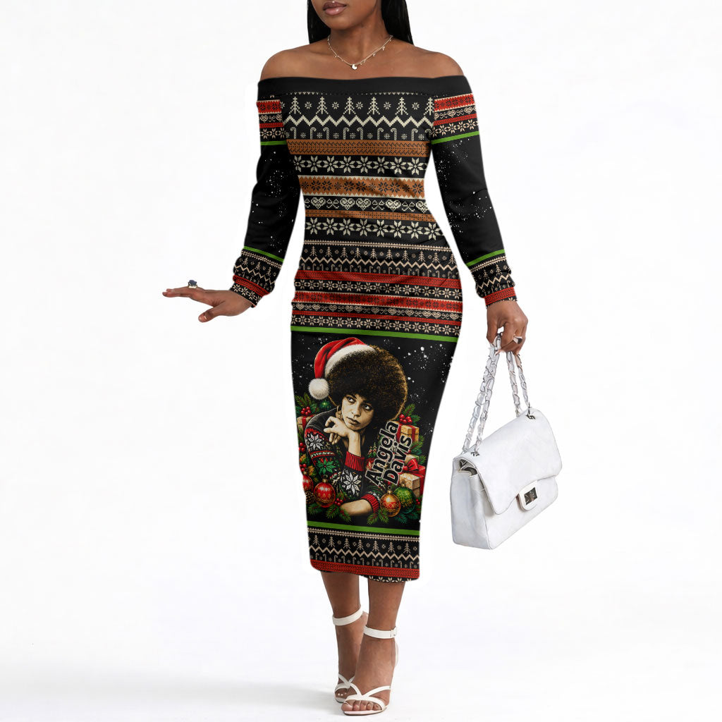 Angela Davis Merry Christmas Off The Shoulder Long Sleeve Dress Ugly Christmas Pattern Civil Rights Black History