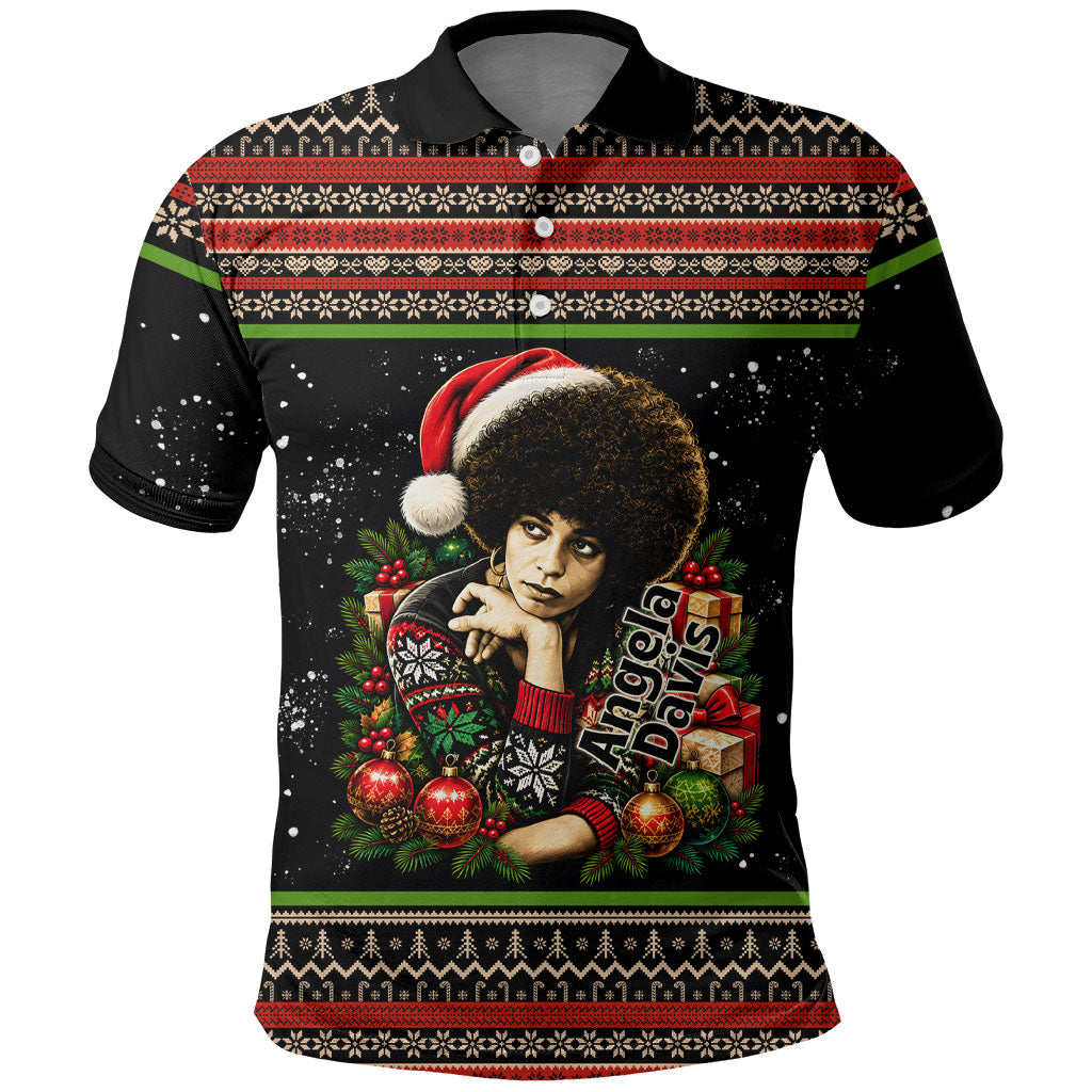 Angela Davis Merry Christmas Polo Shirt Ugly Christmas Pattern Civil Rights Black History