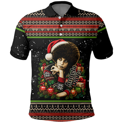 Angela Davis Merry Christmas Polo Shirt Ugly Christmas Pattern Civil Rights Black History